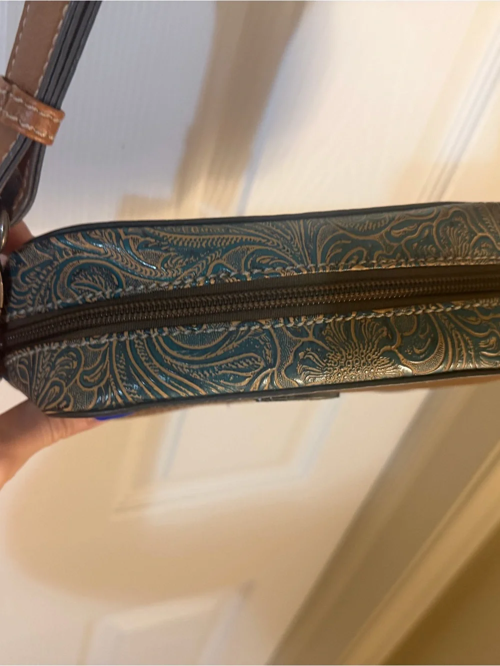 Justin Brown Tooled Leather & Turquoise Crossbody Bag